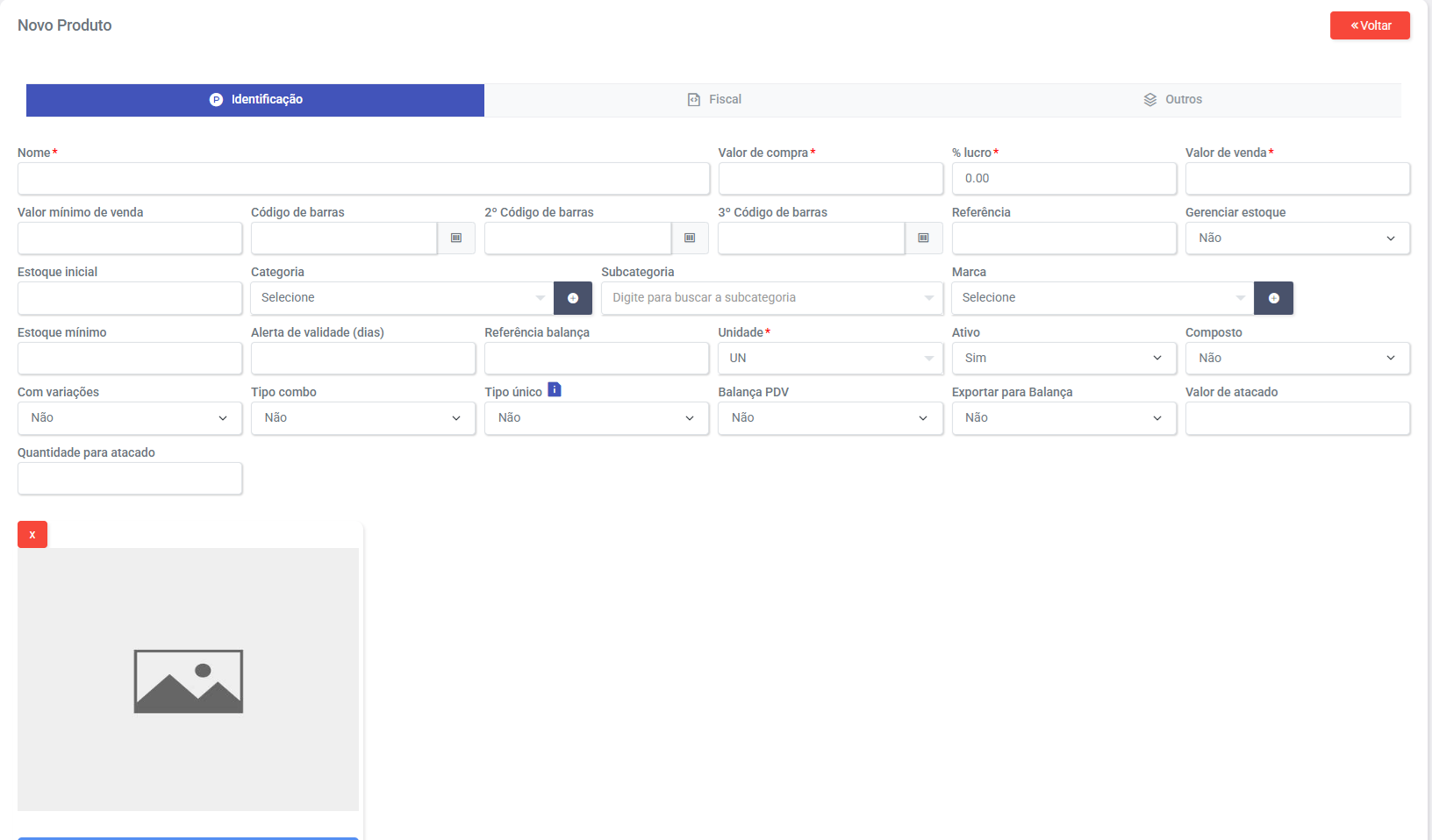 Interface de Gestão de Produtos do ERP ESCALA SISTEMAS